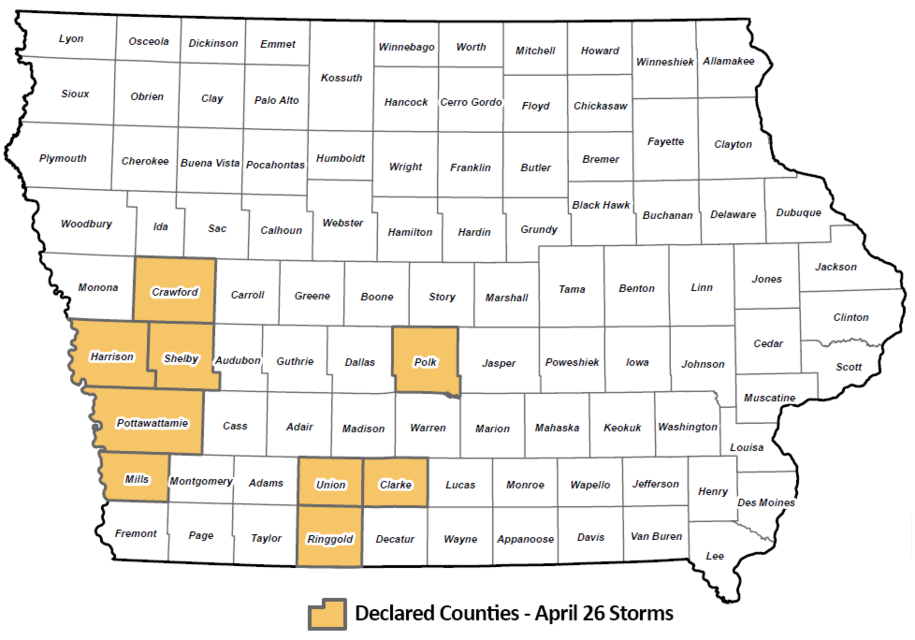 Map of declared counties in Iowa following April 26, 2024 severe weather: Crawford, Harrison, Shelby, Polk, Pottawattamie, Mills, Union, Clarke, and Ringgold counties.